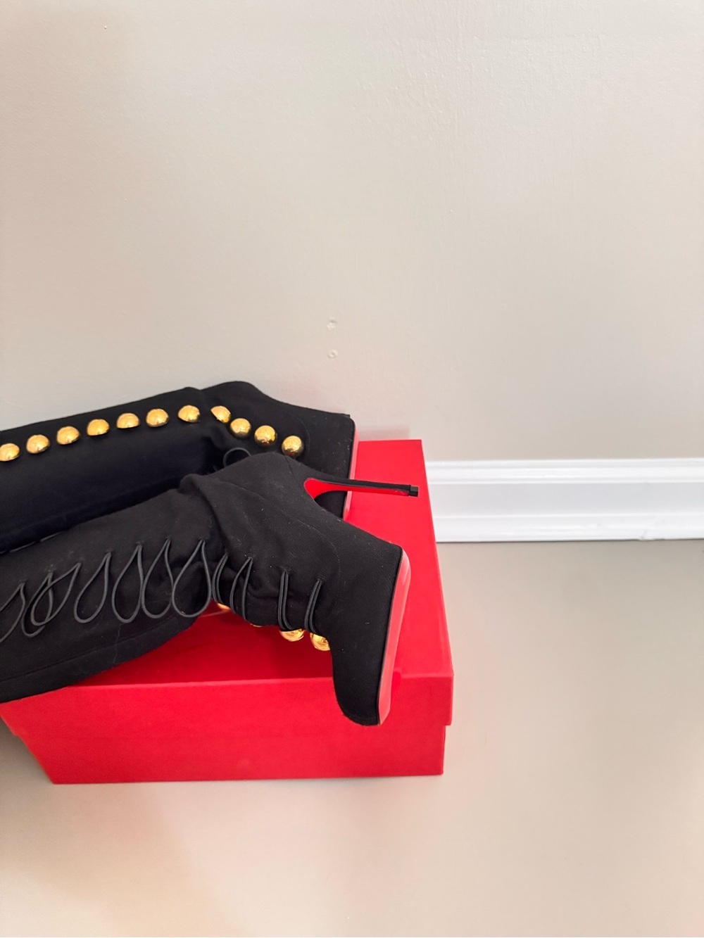Christian Louboutin Ronfifi Supra Black Suede Gold Button OTK Boots 35.5 - Picture 7 of 10